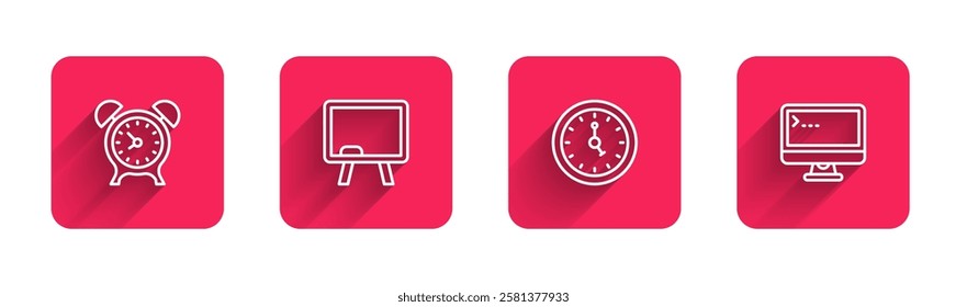 Set line Alarm clock, Chalkboard, Clock and Computer monitor with long shadow. Red square button. Vector