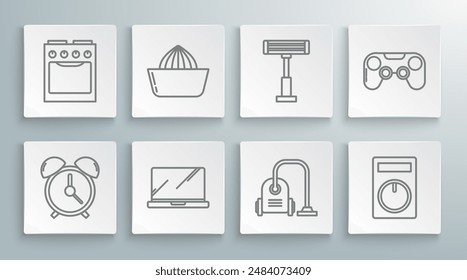 Set line Alarm clock, Citrus fruit juicer, Laptop, Vacuum cleaner, Remote control, Electric heater, Gamepad and Oven icon. Vector