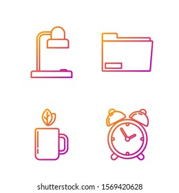 Set line Alarm clock, Cup of tea and leaf, Table lamp and Document folder. Gradient color icons. Vector