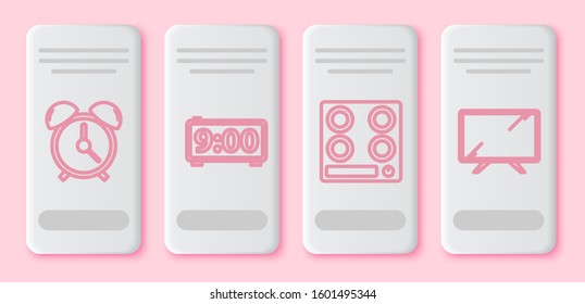 Set line Alarm clock , Digital alarm clock , Gas stove  and Smart Tv . White rectangle button. Vector