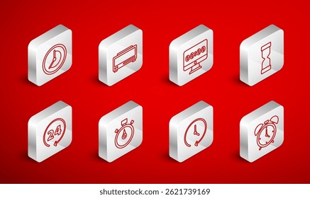 Set line Alarm clock, Digital alarm, Clock on monitor, Old hourglass, Stopwatch and 24 hours icon. Vector