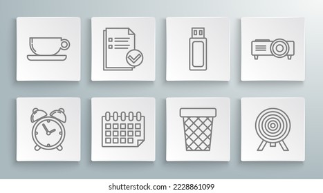 Set line Alarm clock, Document and check mark, Calendar, Trash can, Target, USB flash drive, Presentation, movie, film, media projector and Coffee cup flat icon. Vector