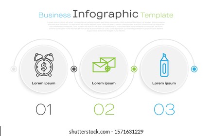 Set line Alarm clock with dollar symbol, Envelope and Marker pen. Business infographic template. Vector