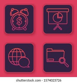 Set line Alarm clock with dollar symbol, World map made from speech bubble, Presentation financial board with graph, chart, diagram, infographic, pie graph and Search concept with folder. Vector
