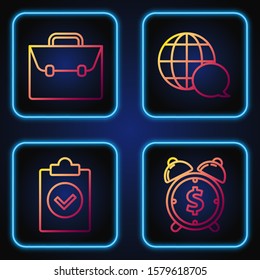 Set line Alarm clock with dollar symbol, Completed task, Briefcase and World map made from speech bubble. Gradient color icons. Vector
