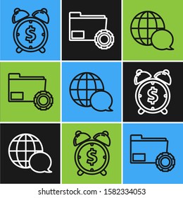 Set line Alarm clock with dollar symbol, World map made from speech bubble and Folder settings with gears icon. Vector