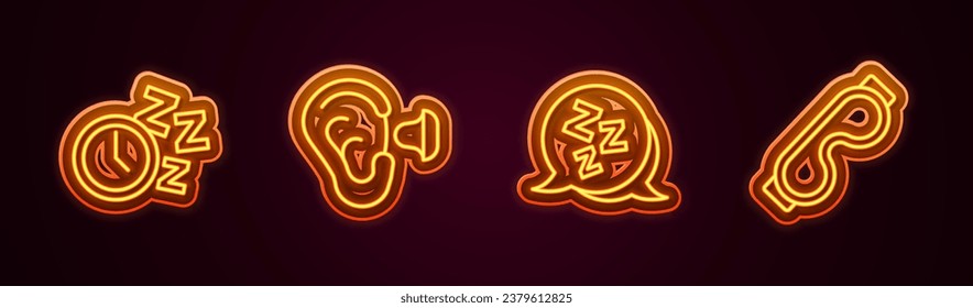 Fijar el reloj de alarma de línea, Earplugs and ear, Sleepy and Eye sleep mask. Icono de neón brillante. Vector