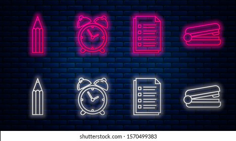 Set line Alarm clock, File document, Pencil and Office stapler. Glowing neon icon on brick wall. Vector