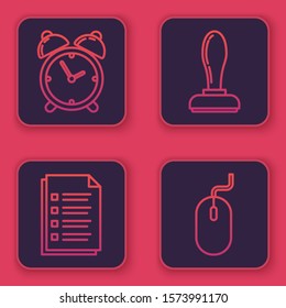 Set line Alarm clock, File document, Stamp and Computer mouse. Blue square button. Vector