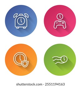 Set line Alarm clock, Gamepad of time, Clock with shield and Time flies on the. Color circle button. Vector