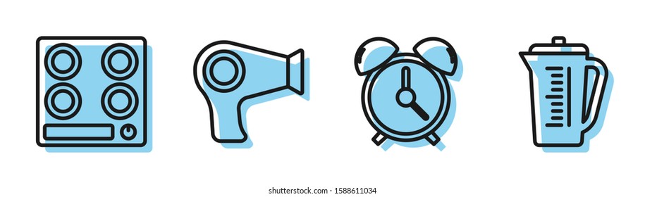 Set line Alarm clock , Gas stove , Hair dryer  and Measuring cup icon. Vector