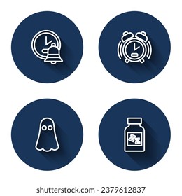Set line Alarm clock, Ghost and Sleeping pill with long shadow. Blue circle button. Vector