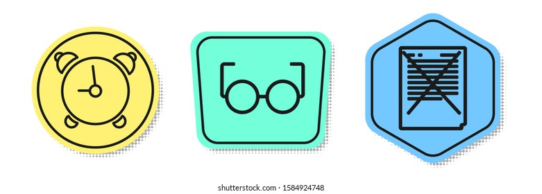 Set line Alarm clock, Glasses and Exam paper with incorrect answers survey. Colored shapes. Vector