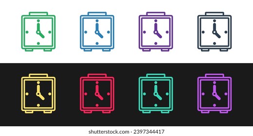 Set line Alarm clock icon isolated on black and white background. Wake up, get up concept. Time sign.  Vector