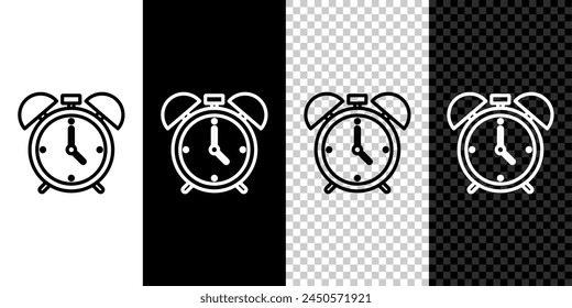 Set line Alarm clock icon isolated on black and white background. Wake up, get up concept. Time sign.  Vector