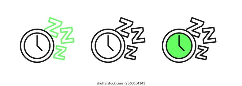 Set line Alarm clock icon isolated on white background. Wake up, get up concept. Time sign.  Vector