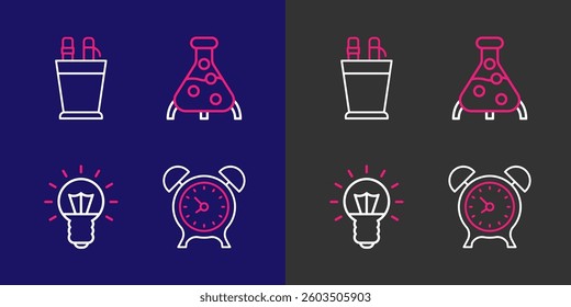 Set line Alarm clock, Light bulb, Test tube and flask and Pencil case stationery icon. Vector