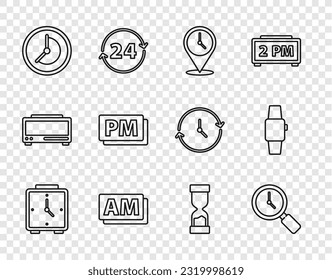Set line Alarm clock, Magnifying glass with, Location, Clock AM, PM, Old hourglass and Smartwatch icon. Vector