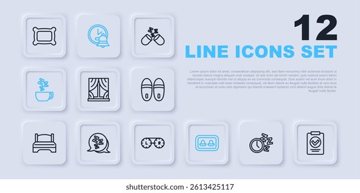 Set line Alarm clock, Medical prescription, Window with curtains, Earplugs storage box, Chamomile tea, Sleepy,  and Contact lens container icon. Vector