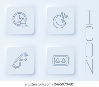 Set line Alarm clock, Moon and stars, Eye sleep mask and Earplugs with storage box. White square button. Vector