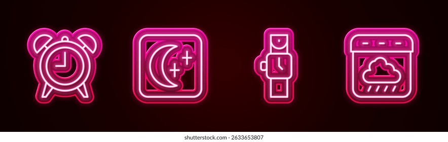 Set line Alarm clock, Moon and stars, Wrist watch and Calendar autumn. Glowing neon icon. Vector