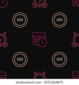 Set line Alarm clock, Morning time and Calendar and on seamless pattern. Vector