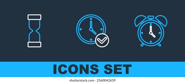 Set line Alarm clock, Old hourglass and Clock icon. Vector