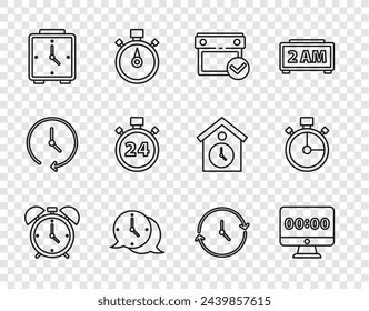 Set line Alarm clock, Clock on monitor, Calendar with check mark, speech bubble, Stopwatch 24 hours,  and  icon. Vector