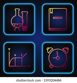 Set line Alarm clock, Pie chart infographic, Test tube and flask chemical laboratory test and Notebook. Gradient color icons. Vector