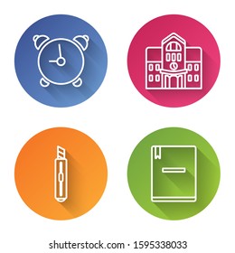 Set line Alarm clock, School building, Stationery knife and Notebook. Color circle button. Vector