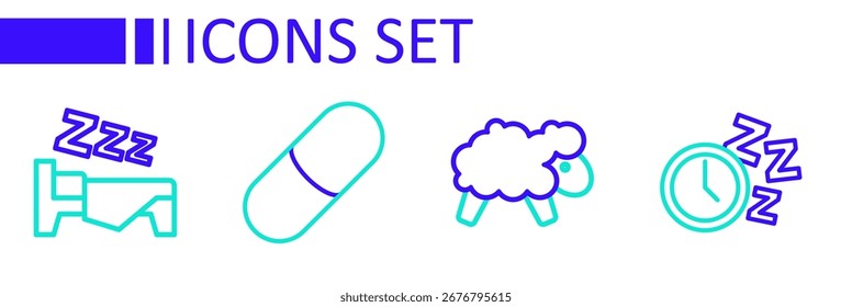 Set Linie Wecker, Schaf, Schlaftablette und Zeit zu schlafen Symbol. Vektorgrafik