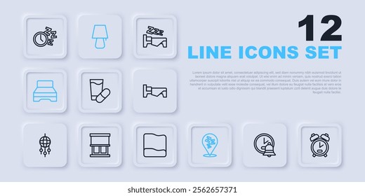 Set line Alarm clock, Sleeping pill, Sleepy, Big bed, Window with curtains, Table lamp and Pillow icon. Vector