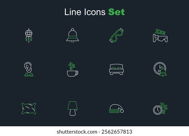 Set line Alarm clock, Sleeping hat, Table lamp, Pillow, Big bed, Chamomile tea and Earplugs and ear icon. Vector
