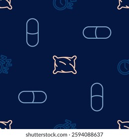 Set line Alarm clock, Sleeping pill and Pillow on seamless pattern. Vector