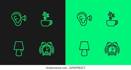 Set line Alarm clock, Table lamp, Earplugs and ear and Chamomile tea icon. Vector