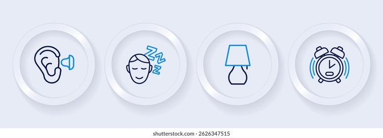 Set line Alarm clock, Table lamp, Dreams and Earplugs and ear icon. Vector