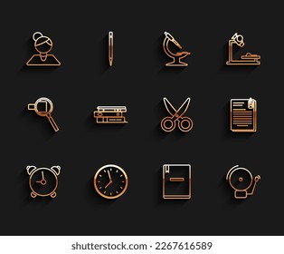 Set line Alarm clock, Clock, Teacher, Notebook, Ringing alarm bell, Office folders with papers and documents, File clip and Scissors icon. Vector