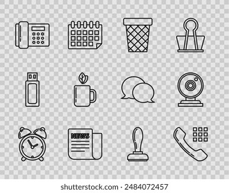 Set line Alarm clock, Telephone handset, Trash can, News, Cup of tea leaf, Stamp and Web camera icon. Vector