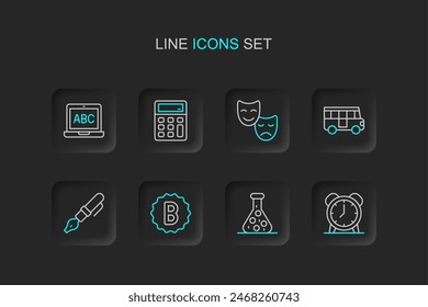 Set line Alarm clock, Test tube, Exam paper with incorrect answers, Fountain pen nib, School Bus, Comedy and tragedy masks, Calculator and Laptop icon. Vector