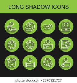 Set line Alarm clock, Time to sleep, Fast food time, Clock with shield, Delivery, arrow, for book and Vacation icon. Vector