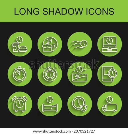 Set line Alarm clock, Time to sleep, Fast food time, Clock with shield, Delivery, arrow, for book and Vacation icon. Vector