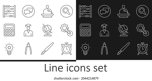 Set line Alarm clock, Timing belt kit, Gives lecture, Graduate and graduation cap, Calculator, Abacus, Earth globe and Speech bubble chat icon. Vector