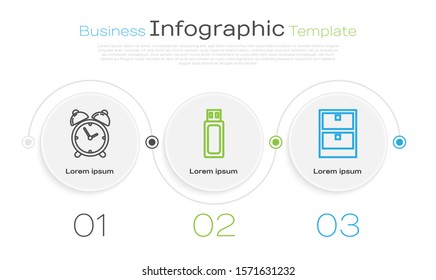 Set line Alarm clock, USB flash drive and Archive papers drawer. Business infographic template. Vector