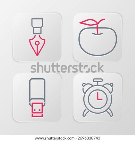 Set line Alarm clock, USB flash drive, Apple and Fountain pen nib icon. Vector
