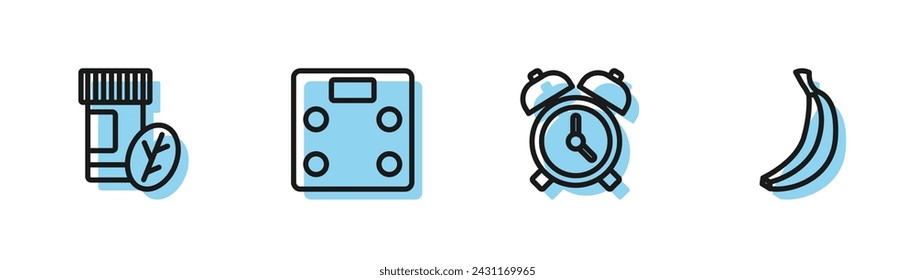 Set line Alarm clock, Vitamin pill, Bathroom scales and Banana icon. Vector