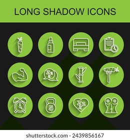 Set line Alarm clock, Weight, Carrot, Sleepy, Women waist, on fork and Bamboo icon. Vector