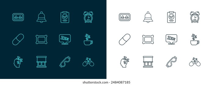 Set line Alarm clock, Window with curtains, Sleepy, Eye sleep mask, Pillow, Medical prescription, Earplugs storage box and Ringing bell icon. Vector