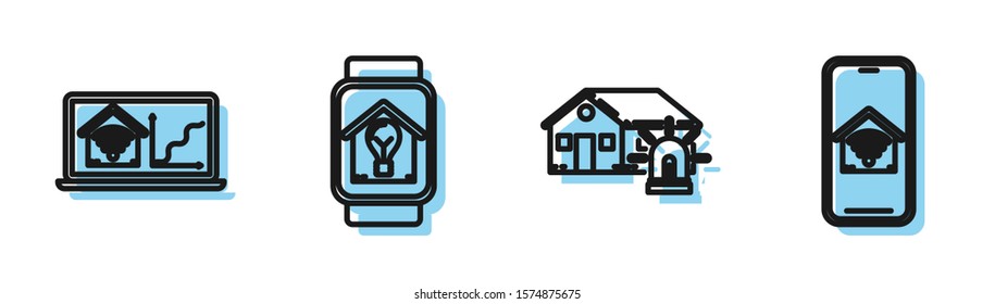 Set line alarm, Laptop with smart home with wi-fi, Smart watch with smart house and light bulb and Mobile phone with smart home with wi-fi icon. Vector