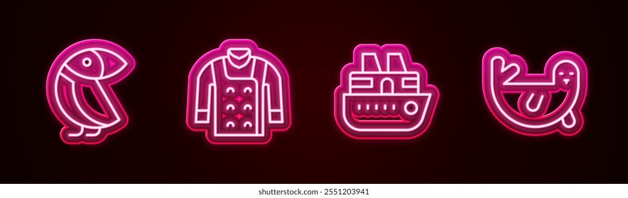 Set line Albatross, Sweater, Cruise ship and Fur seal animal. Glowing neon icon. Vector