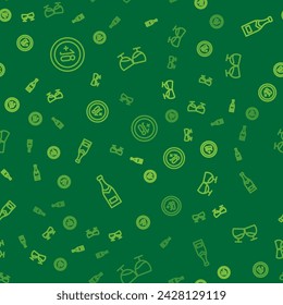 Set line Alcohol 18 plus, Champagne bottle and Glass of cognac or brandy on seamless pattern. Vector